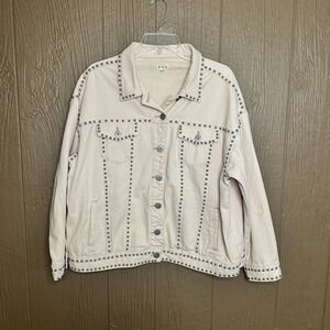 POL‎ Studded Denim Jacket with Silver Rhinestone Trim Detail Light Pink Size S